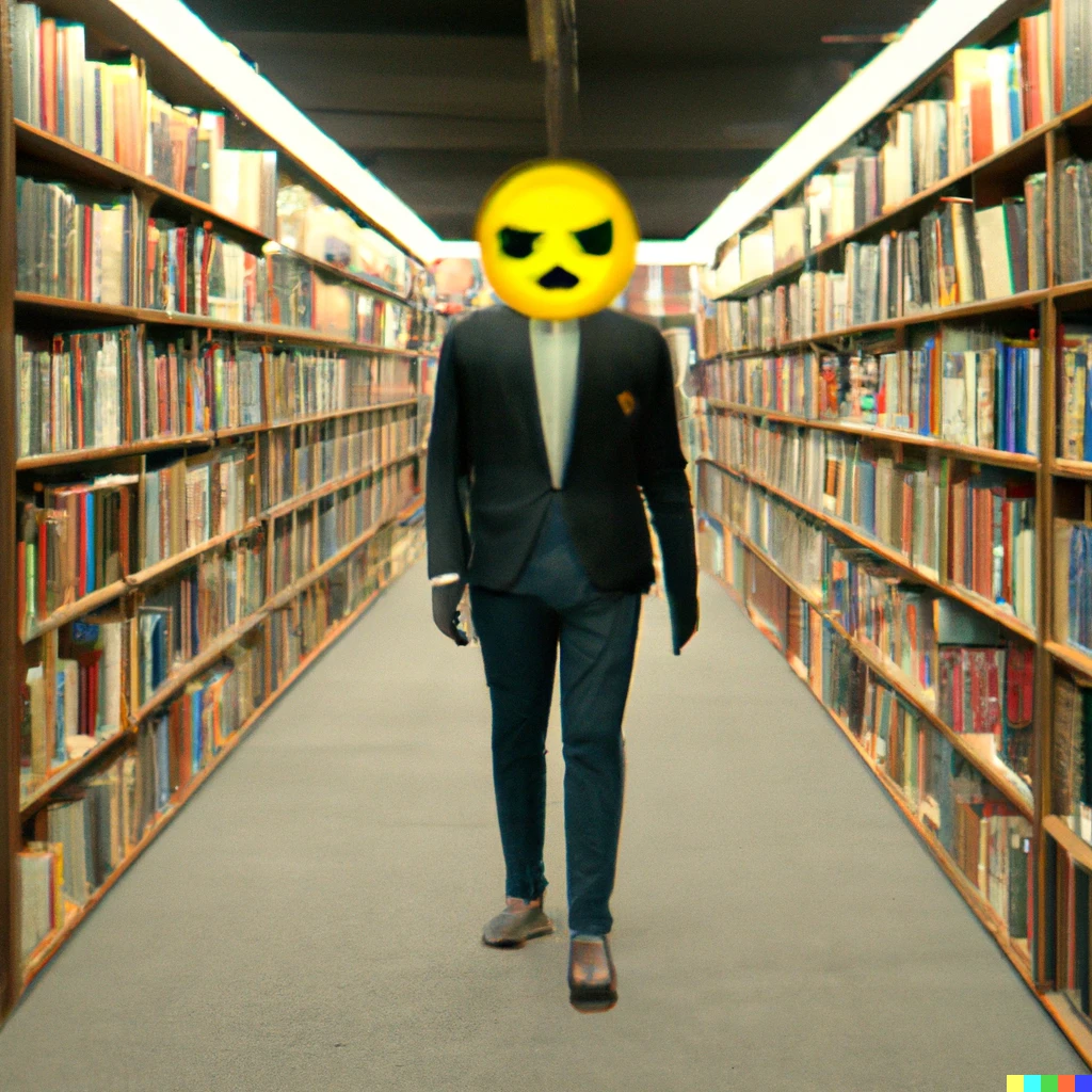 Prompt: A business man with an emoji for a head walking through a dystopian library, bokeh depth of field photoreal octane