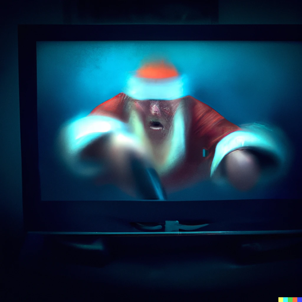 Prompt: Santa Claus coming through your TV screen like in The Ring movie, digital art