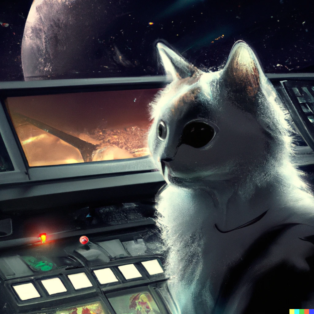 Prompt: a cat sitting in front of a spaceship control panel, digital art