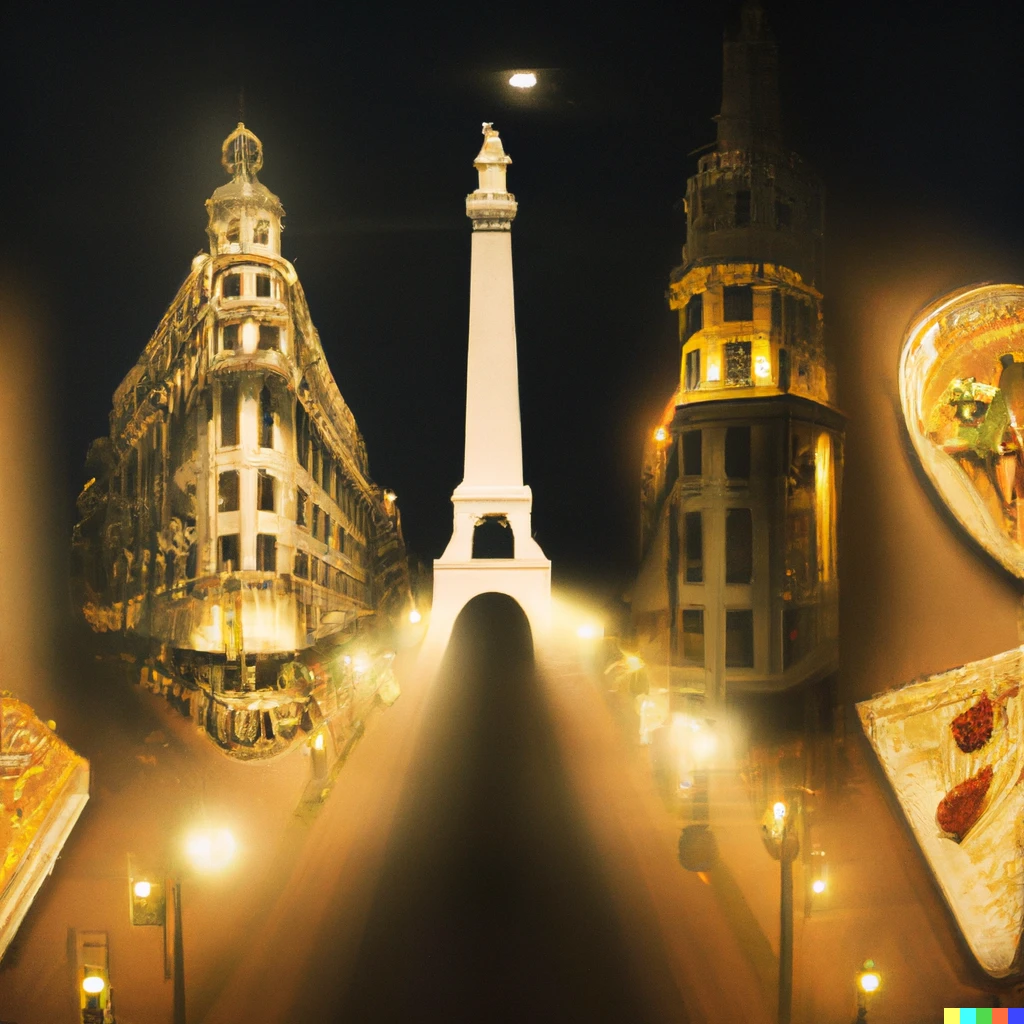 Prompt: Buenos aires obelisk made out of pizza, tango, night lighted by street lights, salvador dali style