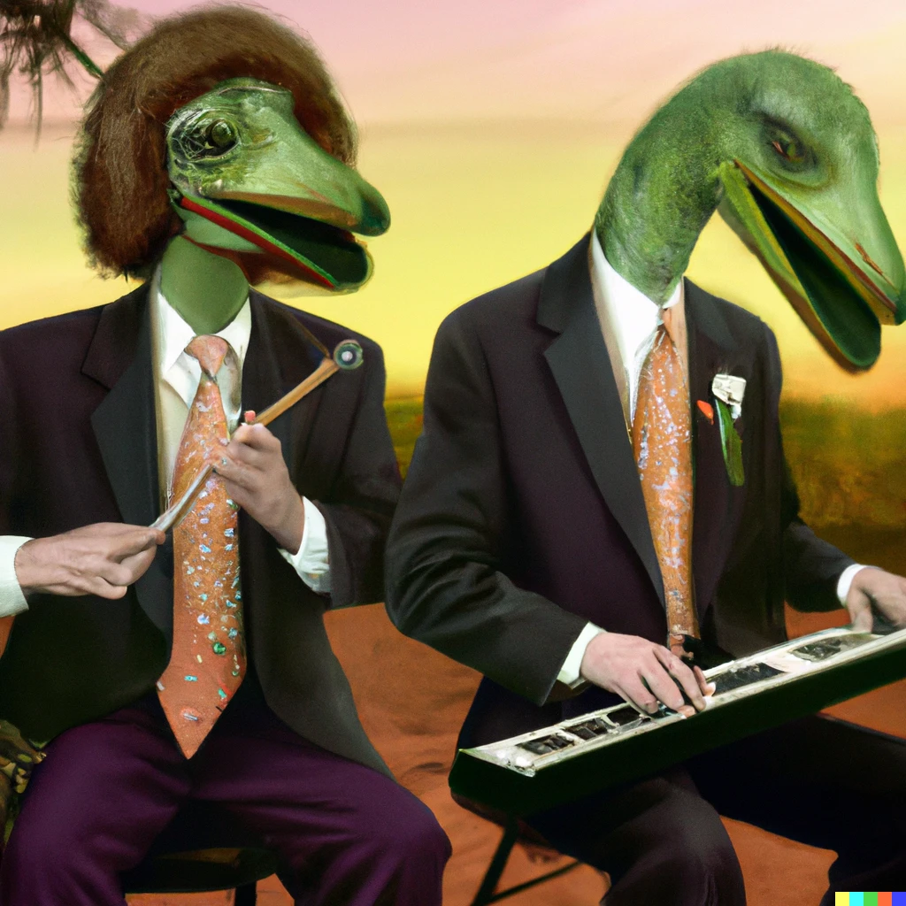 Prompt: Hairy velociraptors wearing a suit, playing jazz in misissipi's delta