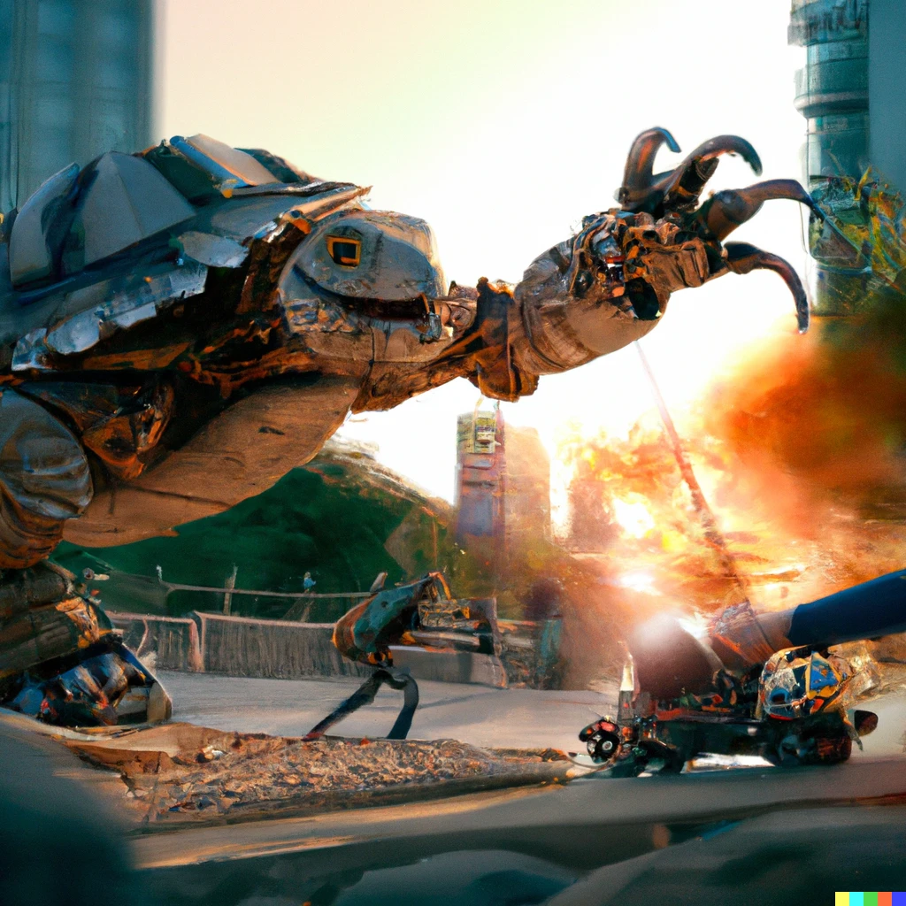 Prompt: A man with a robot arm fighting a giant turtle-dragon in Tel-Aviv, dramatic, afternoon, photo-realistic digital art featured on ArtStationHQ, hard lighting, lens flare, bokeh