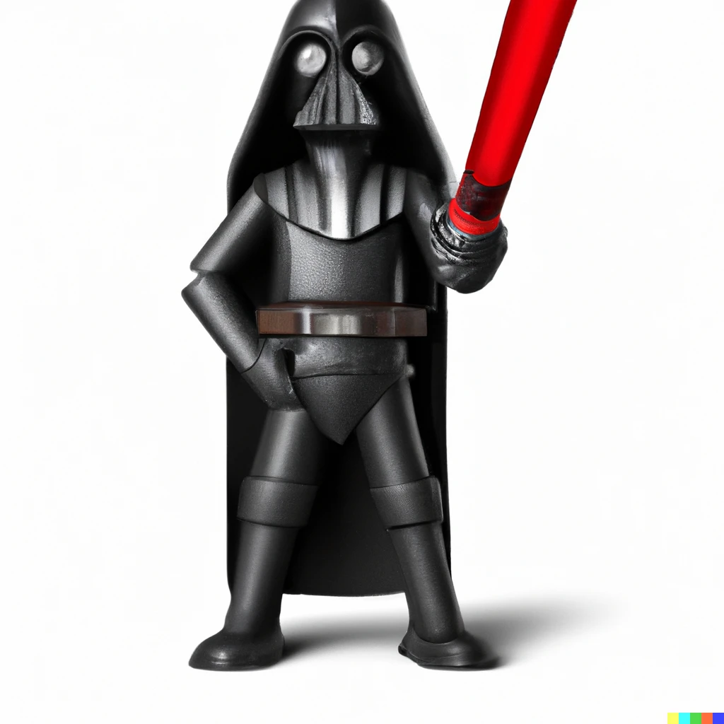 Prompt: Pixar darth Vader holding red light saber