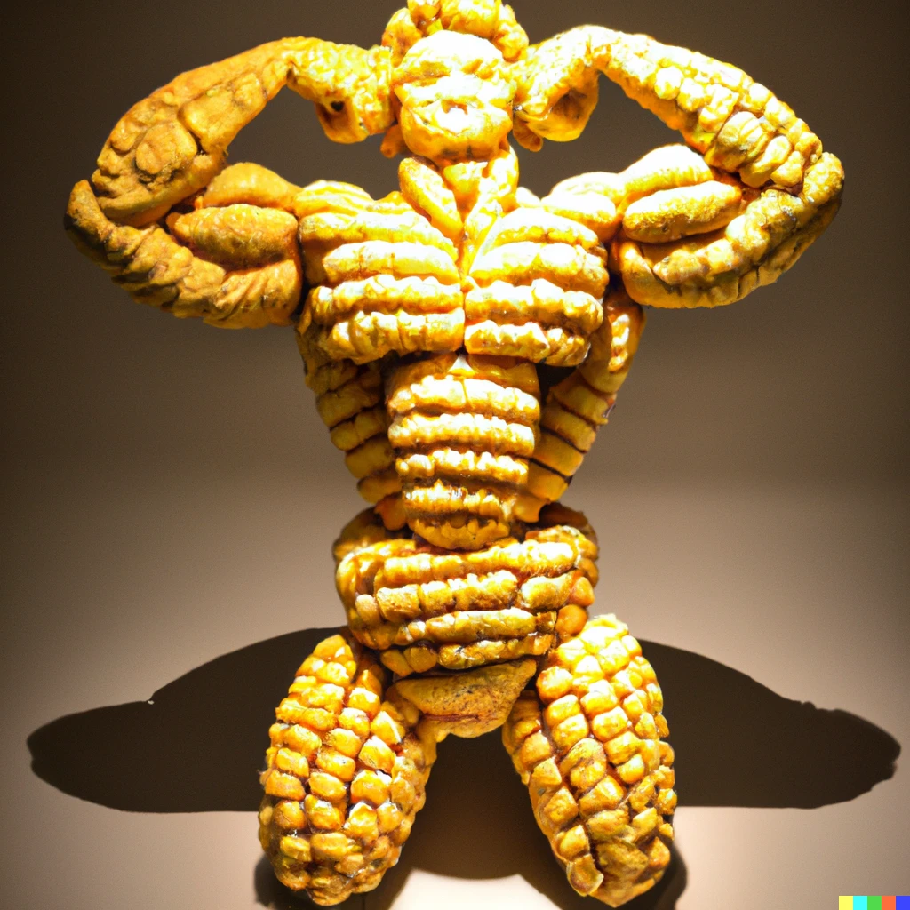 Prompt: Sculpture of a bodybuilder flexing made entirely from fresh corn, by Antoni Gaudi, studio lighting