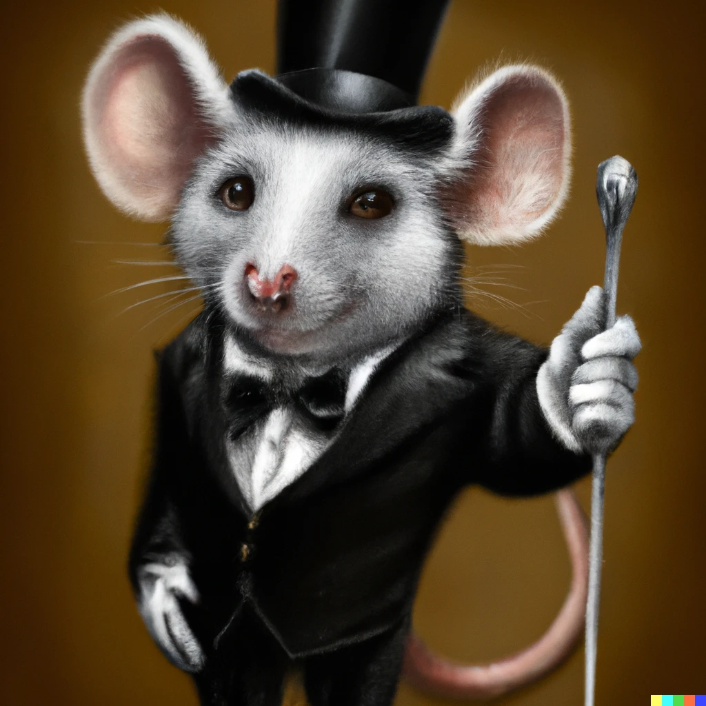 Prompt: a mouse with a top hat and suit, holding a magicians cane photorealsitic