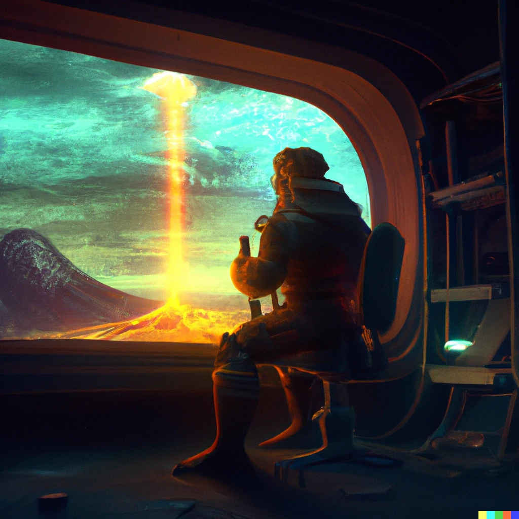 Prompt: A techician on Jupiter moon io in a space station looking outside a window trying to fix an evil Artificial intelligence volcanoes on the horizon, digital art, io surface