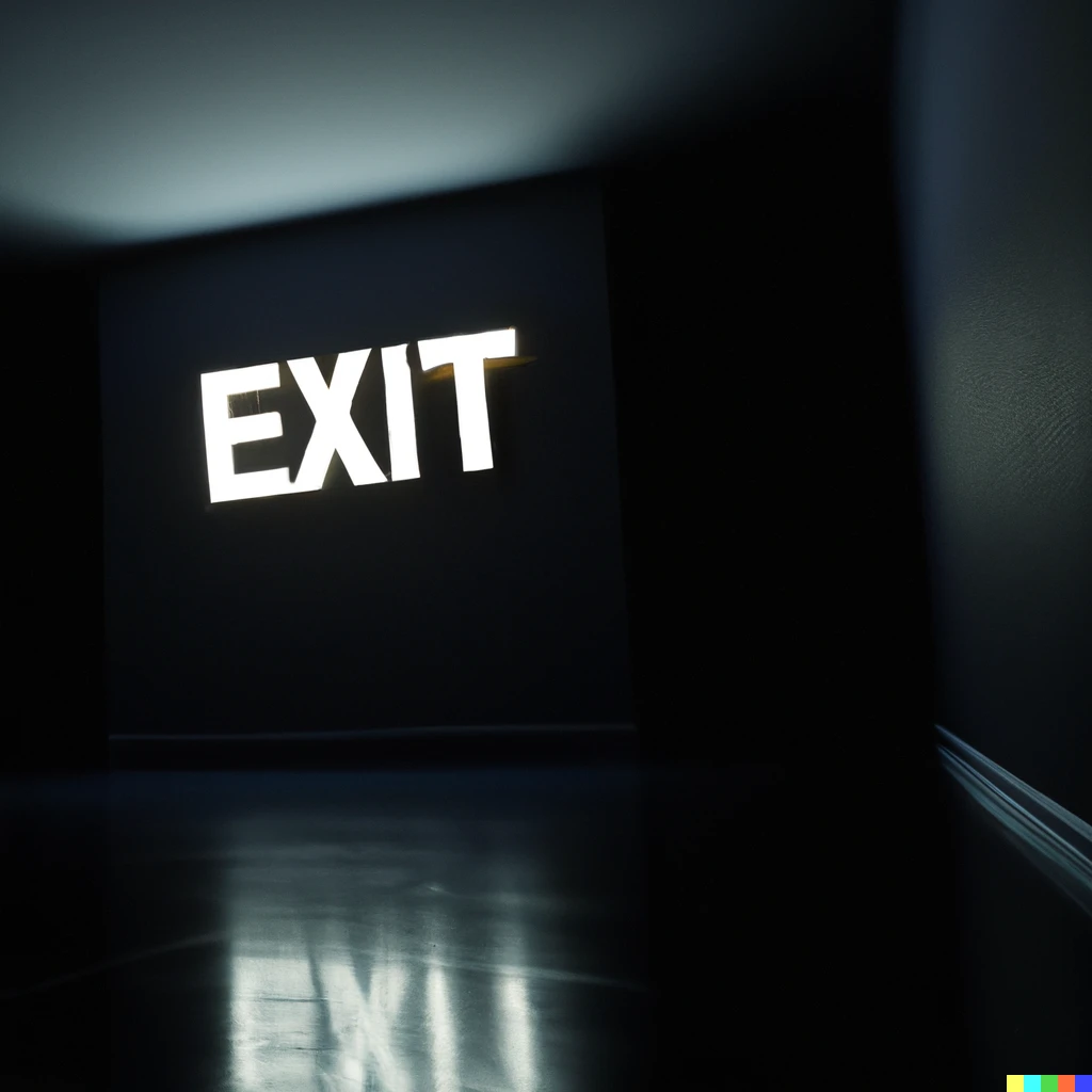 Prompt: a large dark room with a glowing exit sign above a doorway, reflective floor