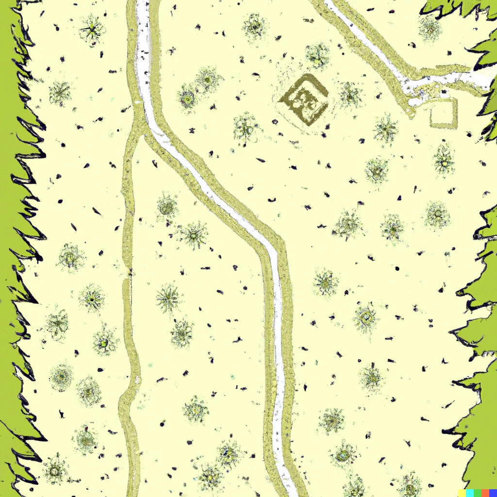 Prompt: A top down DnD battlemap of a forest road, gridless