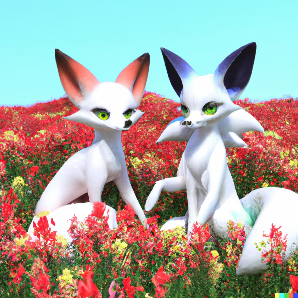 Prompt: braixen and gardevoir sitting in the middle of flower field, 4K, photorealistic, 3D render