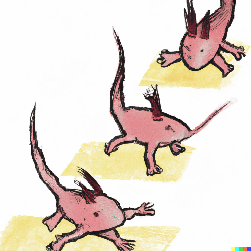 Prompt: Three axolotls playing hop-scotch