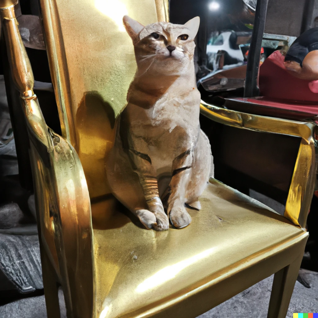 Prompt: A cat sitting on a chair as a golden statue