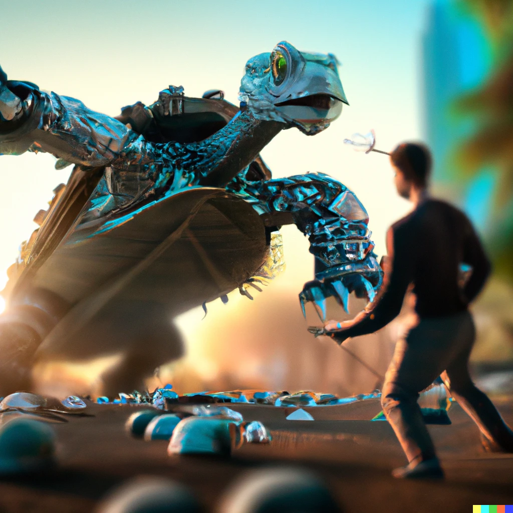 Prompt: A man with a robot arm fighting a giant turtle-dragon in Tel-Aviv, dramatic, afternoon, photo-realistic digital art featured on ArtStationHQ, hard lighting, lens flare, bokeh
