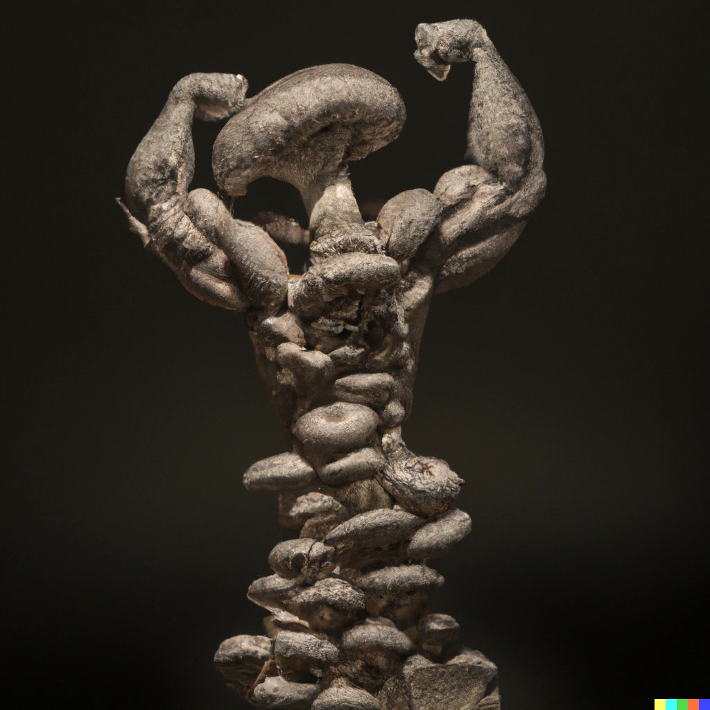 Prompt: Sculpture of a bodybuilder flexing made entirely from fresh mushrooms, by Antoni Gaudi, studio lighting