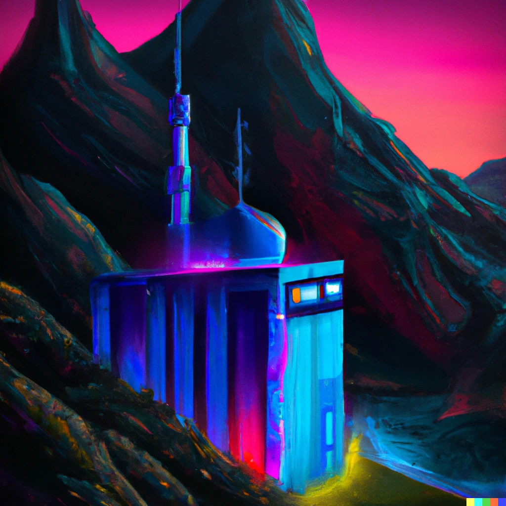Prompt: Cyber punk mosque located in mountains