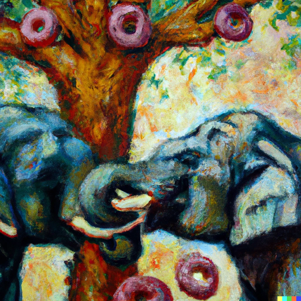 Prompt: an impressionist painting of elephants eating from a donut tree