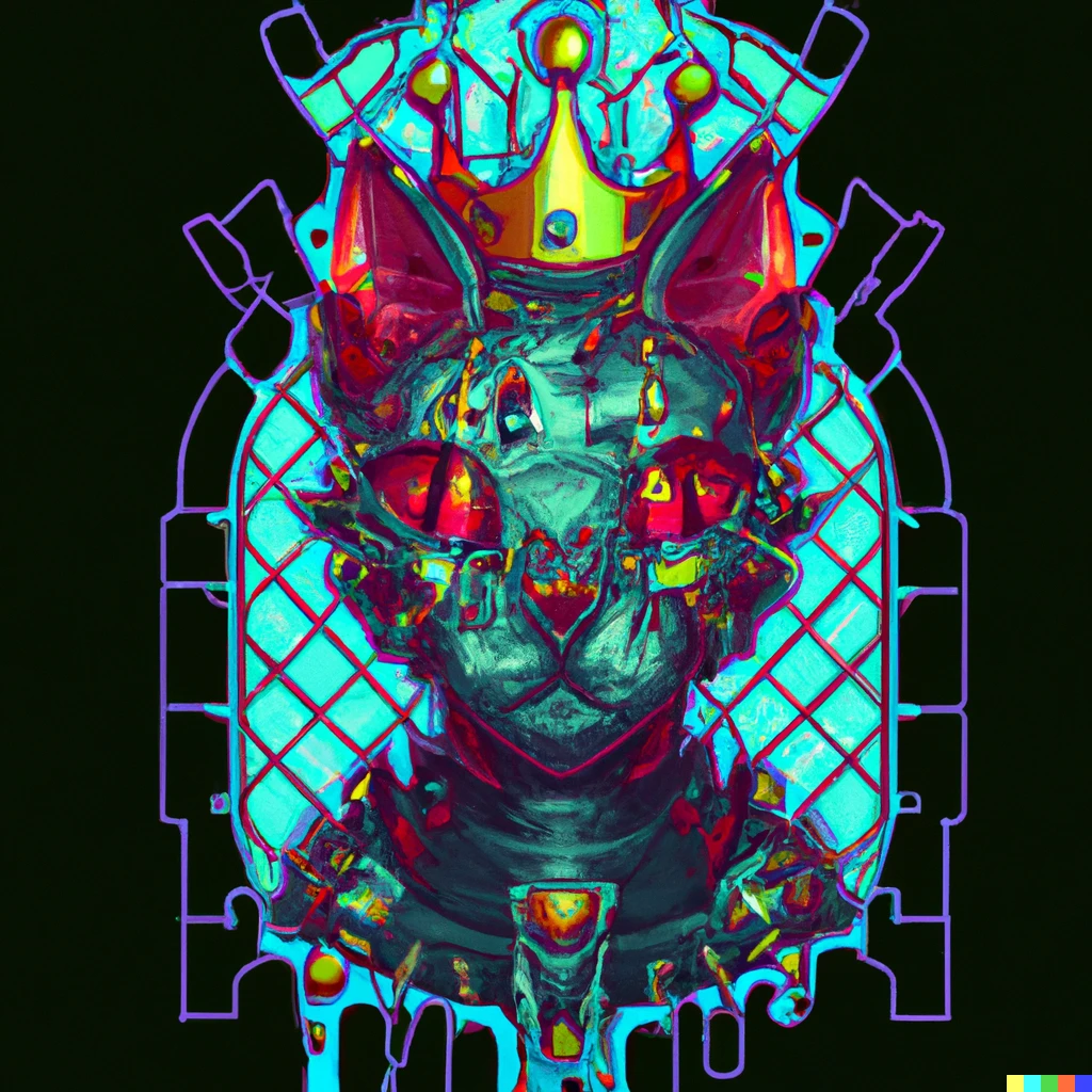 Prompt: Cyberpunk stained glass picture of a cat wearing a crown
