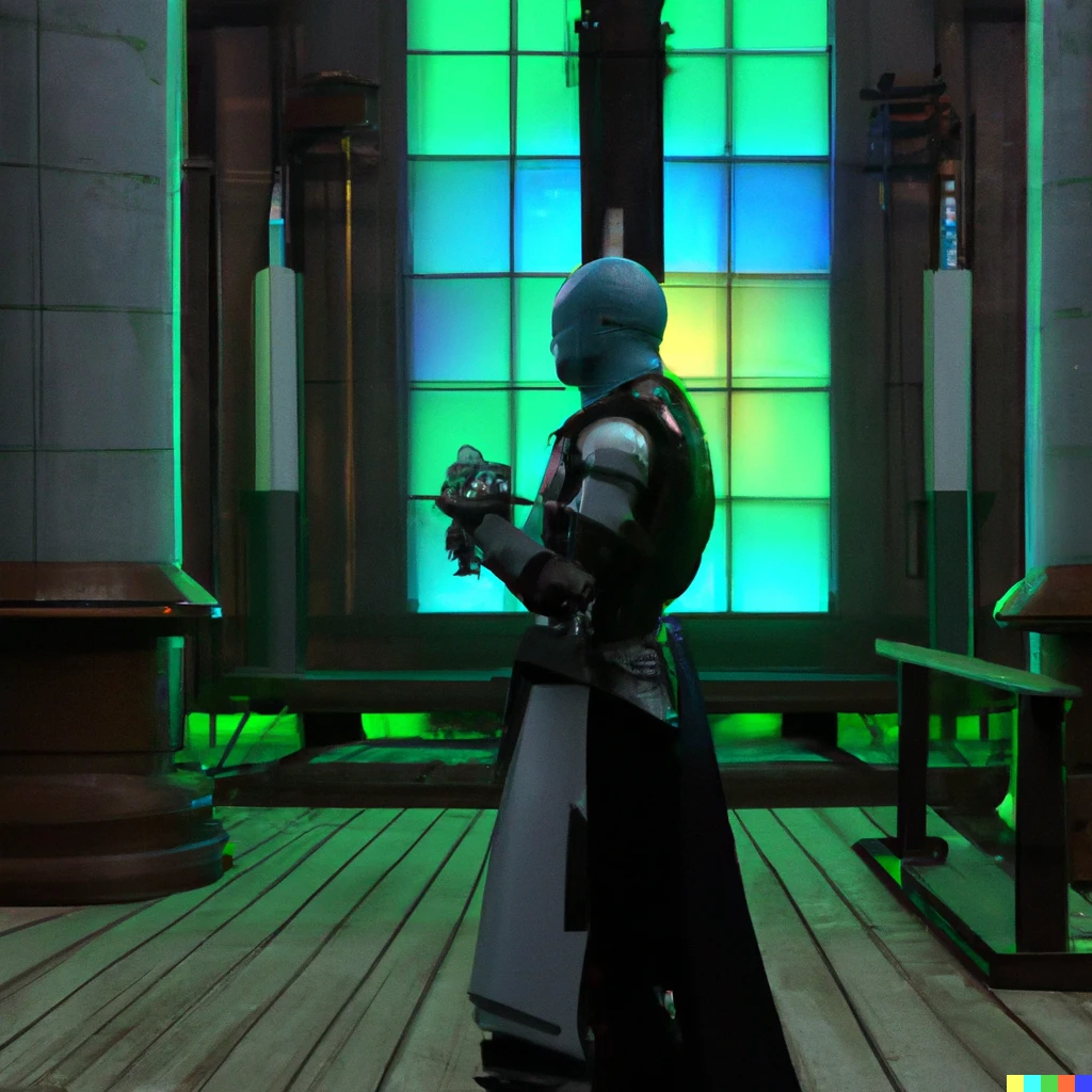 Prompt: A cyberpunk version of an android priest  leading prayer I At a catholic Church