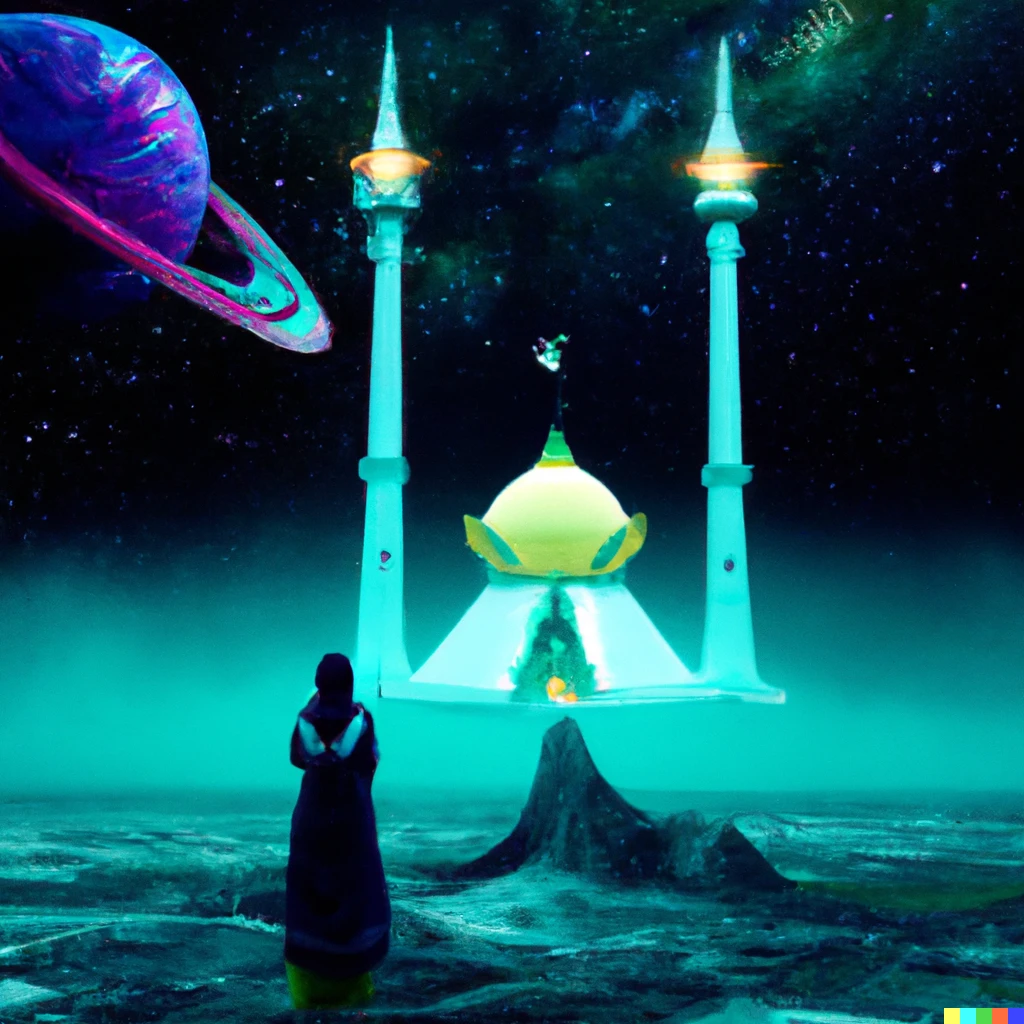 Prompt: Mosque on planet in different galaxy with humans praying with native inhabitants futuristic style