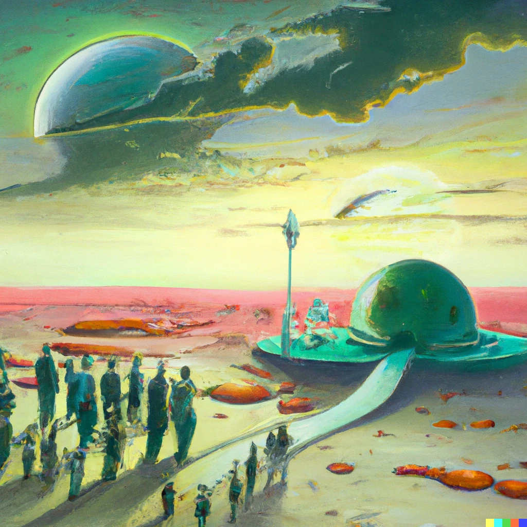 Prompt: A surrealist painting of Friday prayer at the first mosque on a Martian colony