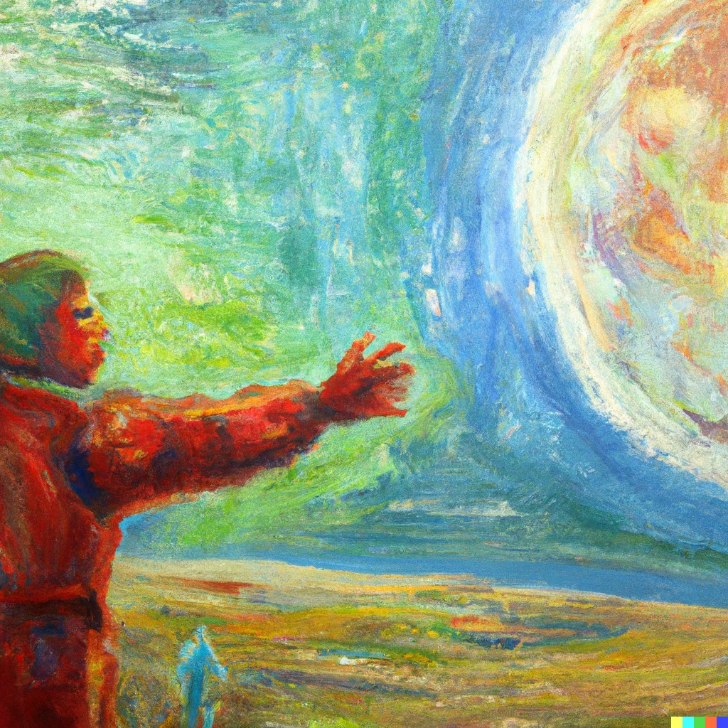 Prompt: Impressionist  painting of the last man on earth saying good bye to the new inhabitants of a distant planet 