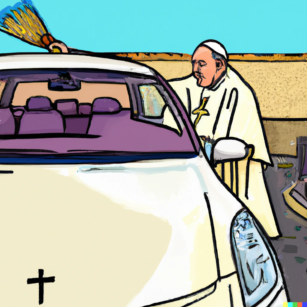 Prompt: The pope taking popemobile to car wash on his day off abstract 