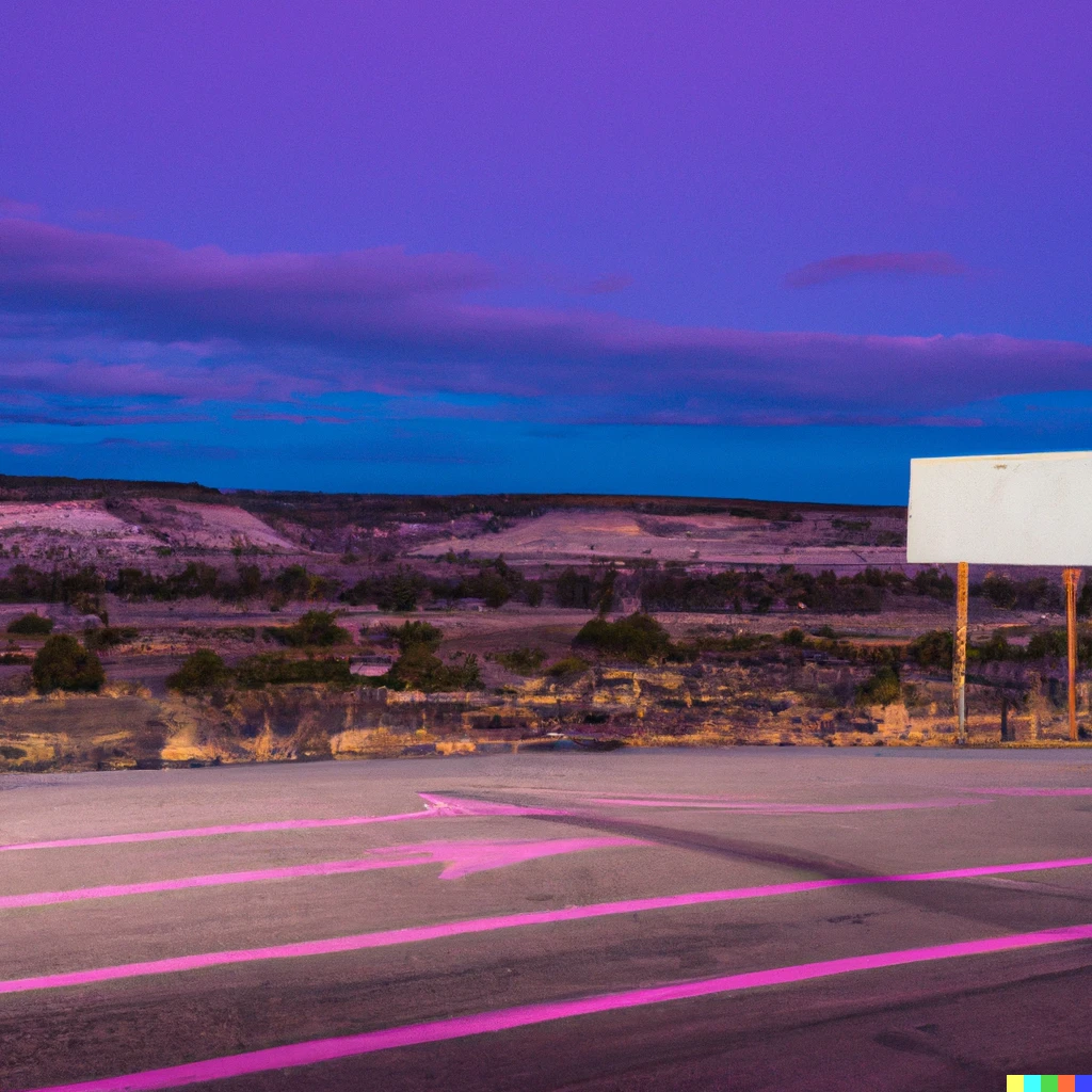 Prompt: A road in the middle of New Mexico styled, color lit desert with a sign, during twilight
