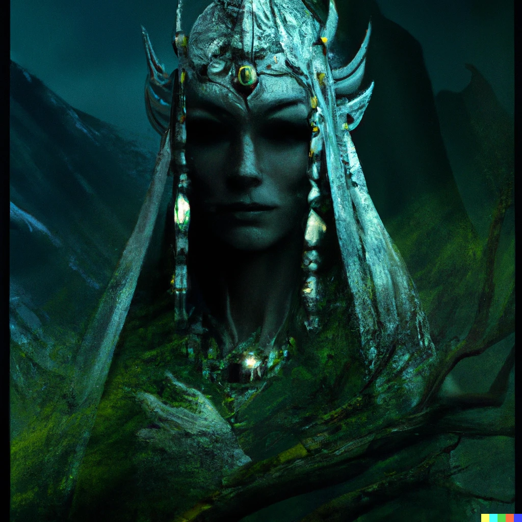 Prompt: horror art of a tarnished who never wears head pieces that cover the face, ELDEN RING, the verdant valley is sparsely populated by rocks.