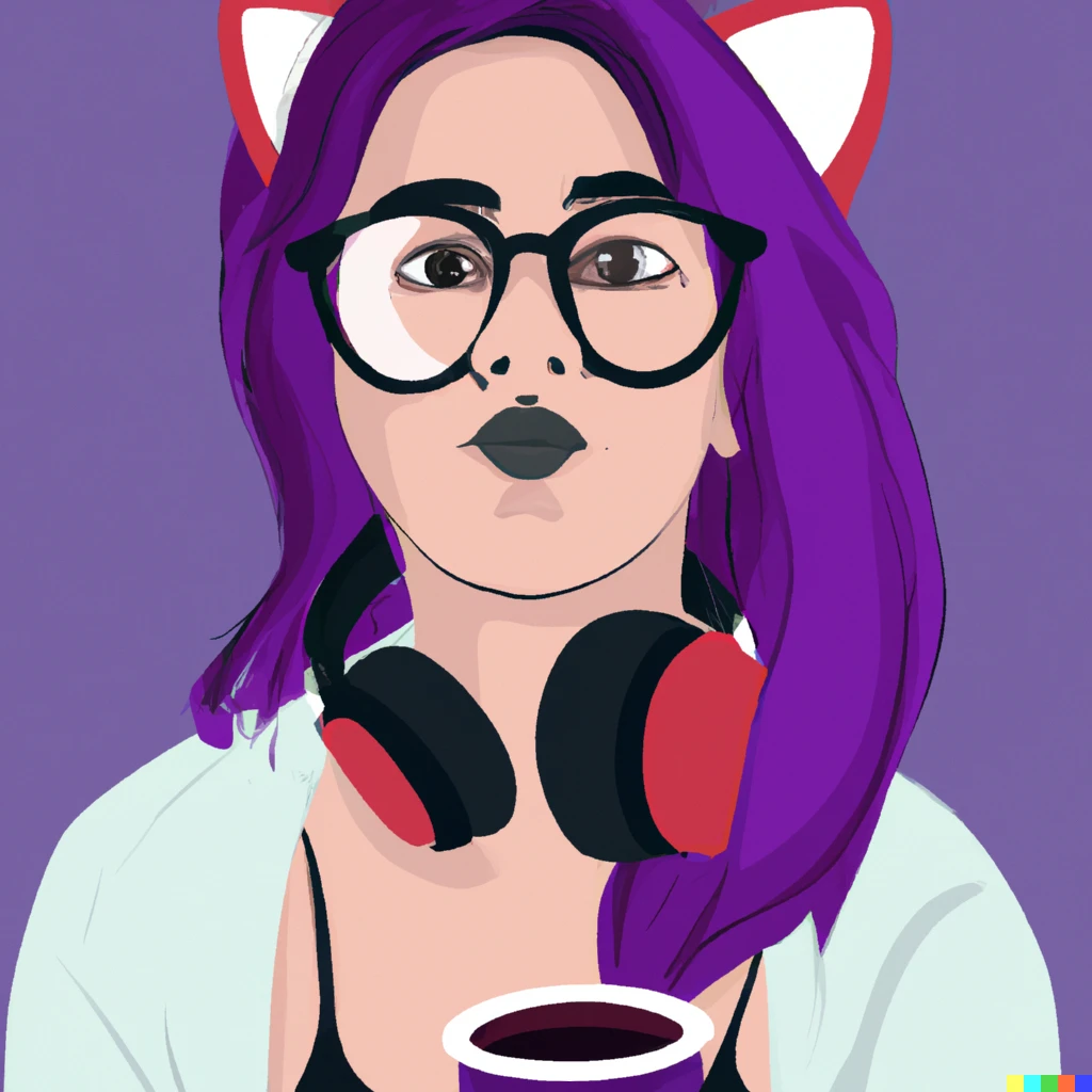 Prompt: Female streamer with thick red glasses, headphones with cat ears, dyed purple hair, a love for coffee, and low cut tops. High detail, realism, fantasy art.