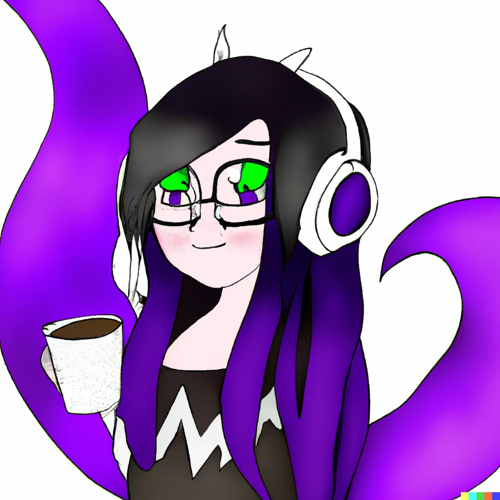 Prompt: A girl streamer with a large bosom. Her dark hair on the left side of her head is green and on the right side of her head is purple. she wears glasses and she loves coffee. She has on Cat ear shaped headphones. she is  drawn in anime style