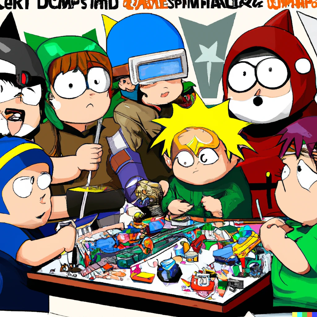 Prompt: The boys from South Park the animated TV show, standing around a game of Games Workshop's Warhammer 40000.  In manga style.
