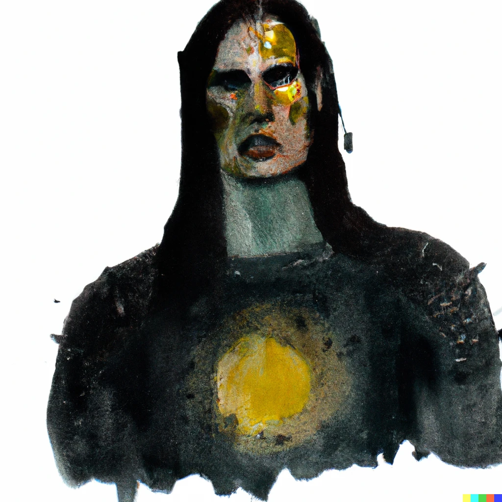 Prompt:  watercolor depiction of horror art of a tarnished guy who never wears head pieces that cover the face, ELDEN RING