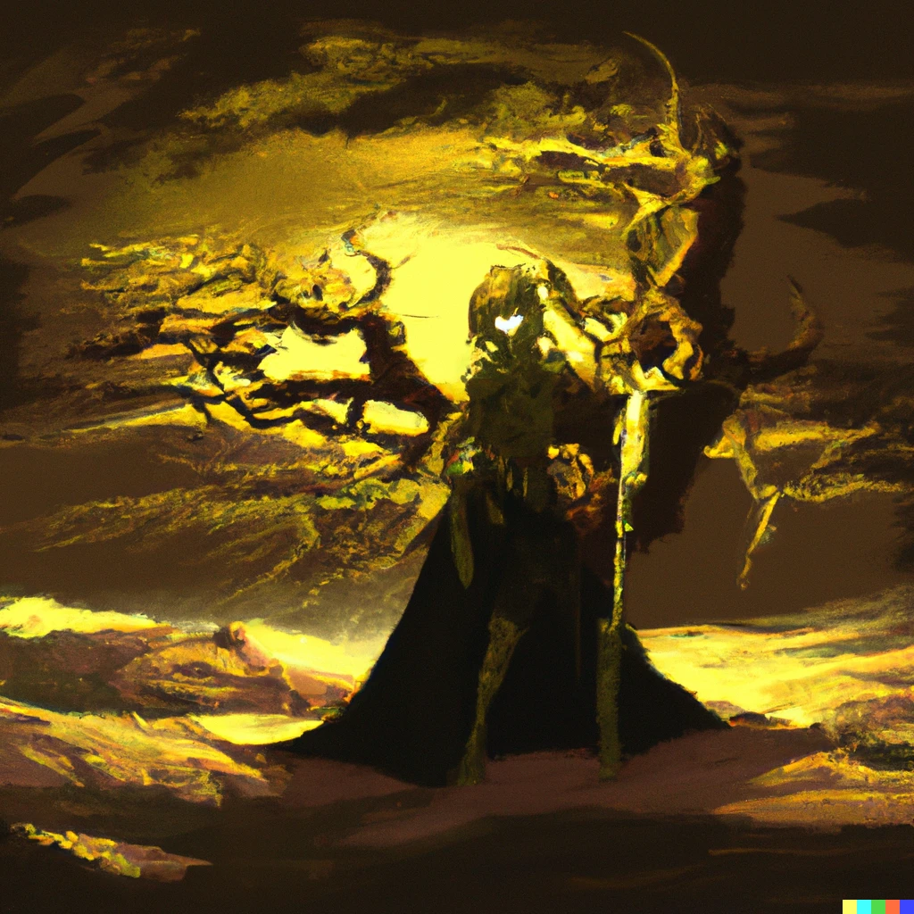 Prompt: A Junji Ito depiction of a tarnished who wear gold in ELDEN RING,  the urd tree glows, the land is haunting and yet majestic, they will rise to challenge the Elden Lord 