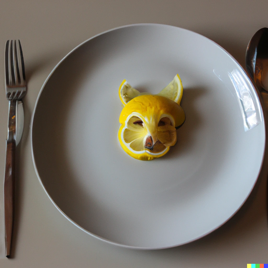Prompt: A photo of a lemon cat on a plate with a knife and fork either side of it