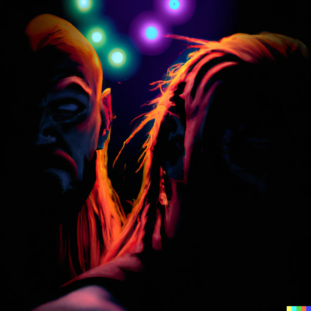 Prompt: Dramatically lit fantasy art featuring barbarians with glowing neon lights for hair.