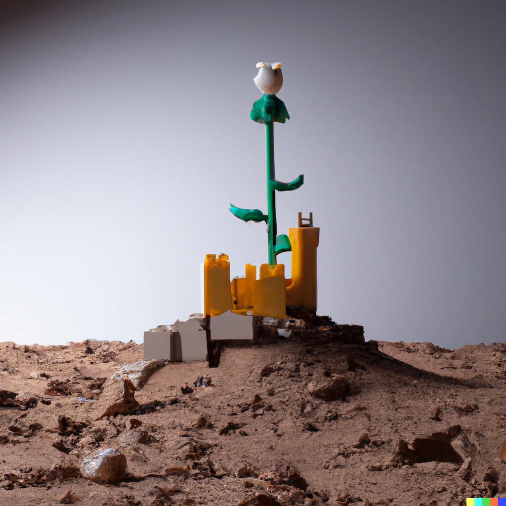 Prompt: A castle made of Lego and tears sitting atop a mesa in a blasted wasteland landscape. A single plant is sprouting.