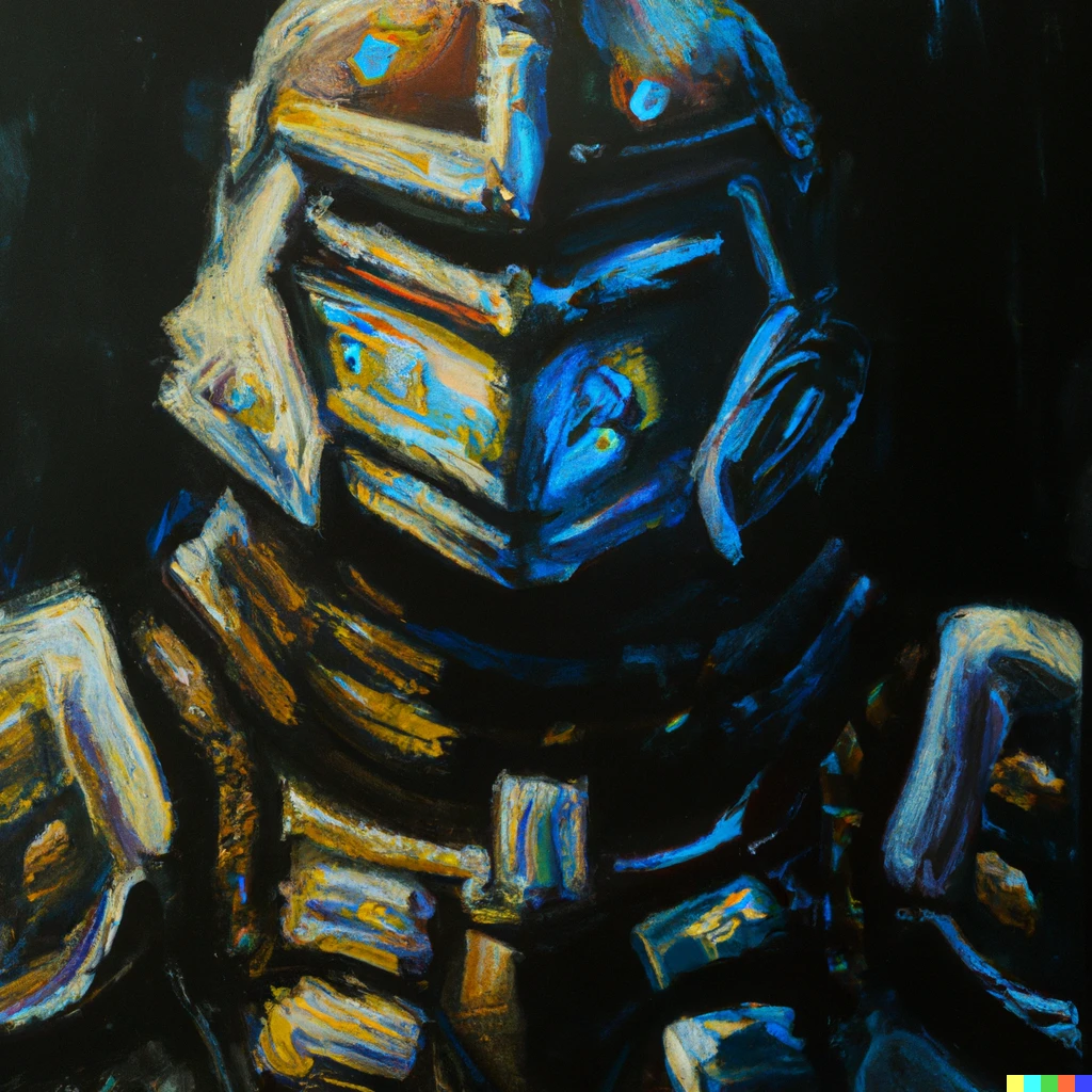 Prompt: An oil painting of an imperial Spacemarine from Warhammer fourty-thousand. He is posing for a portrait. The lighting is severely moody 