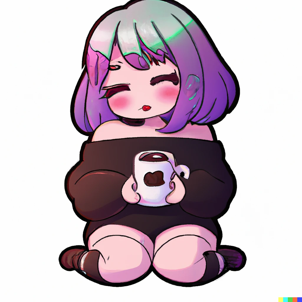 Prompt: Thicc Egirl Waifu, loves coffee, hugging a Coffeemonster, purple hair, Chibi style