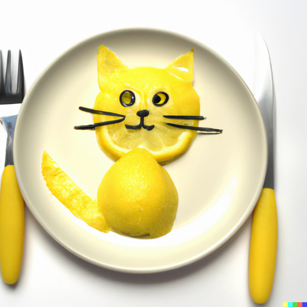 Prompt: Can you please create a photo of a lemon cat on a plate with a knife and fork either side of it?