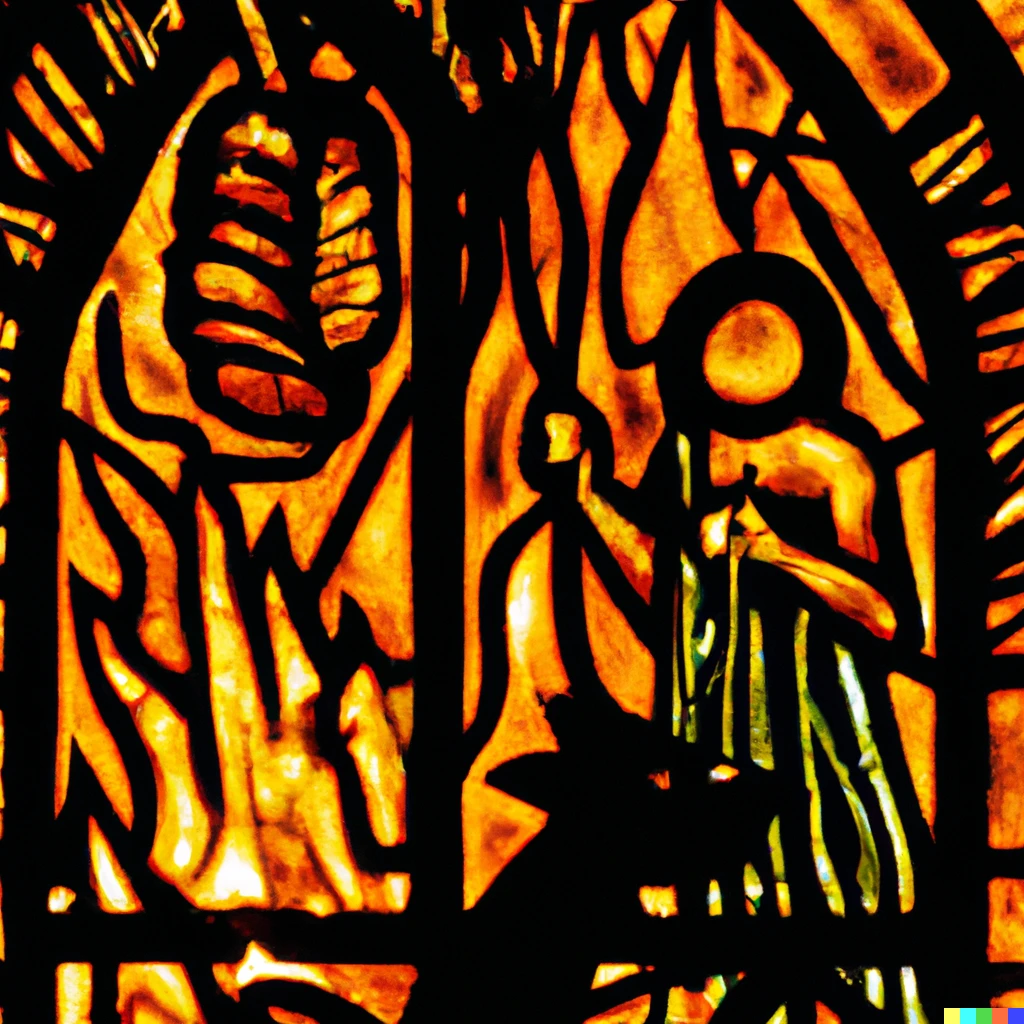 Prompt: A stained glass window depicting,  food that has been cooking on a spit over a fire, the fire pit has a scattering of bones all around and a cattle skull can be seen, some bones are burning in the fire. A collection of Brutal looking figures are gathered around cast in shadow, some carry knives that glint in the firelight, 