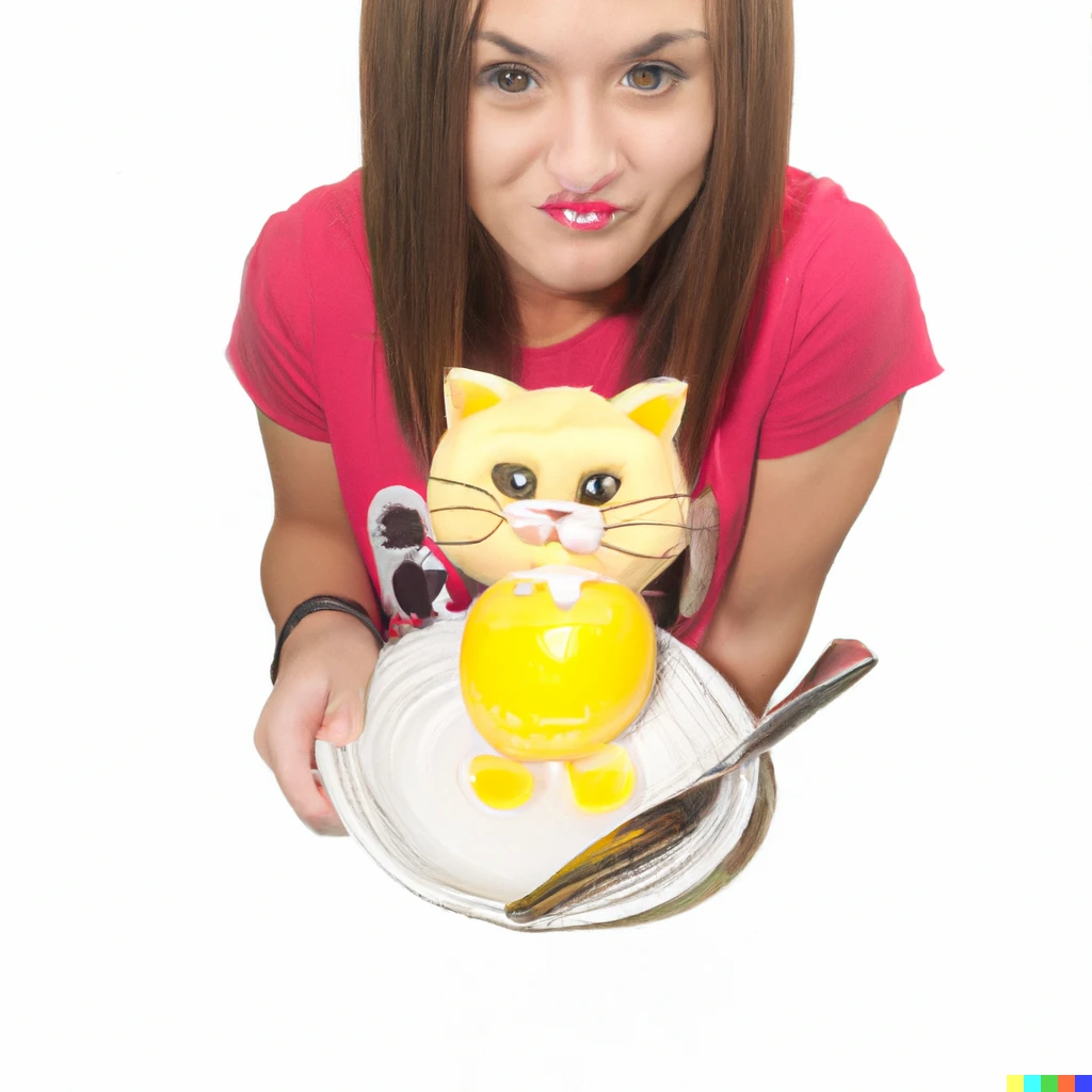 Prompt: Can you please create a photo of a lemon cat on a plate with a knife and fork either side of it?