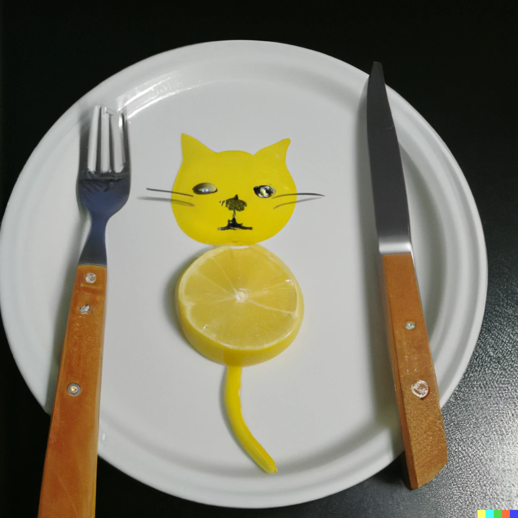Prompt: A photo of a lemon cat on a plate with a knife and fork either side of it