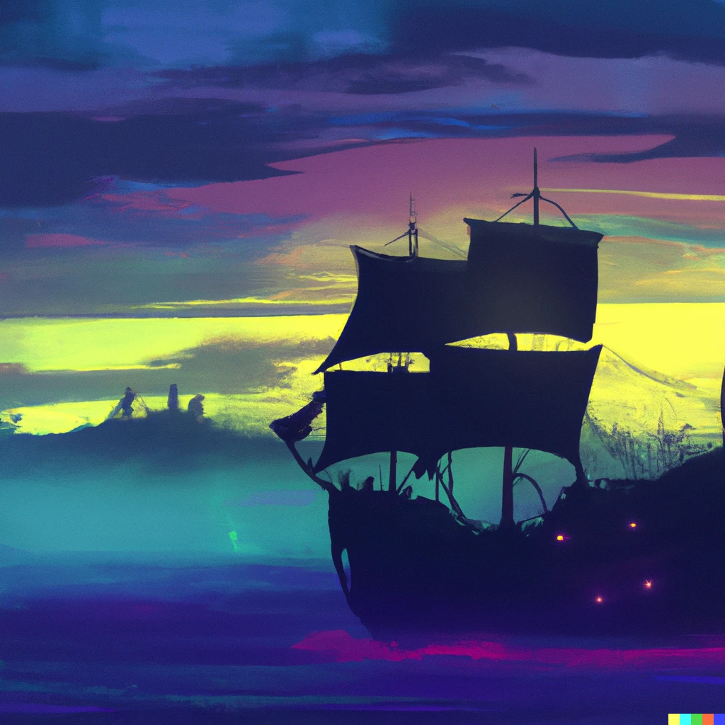 Prompt: Last pirate ship on the sea, sunset, Neon cyberpunk city in the background, light fog. Unsettling feeling. Renaissance painting.