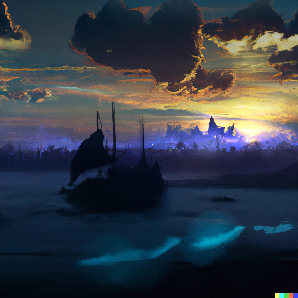 Prompt: Ghost ship on the sea, sunset, Neon cyberpunk city on fire in the background, light fog. Renaissance painting.