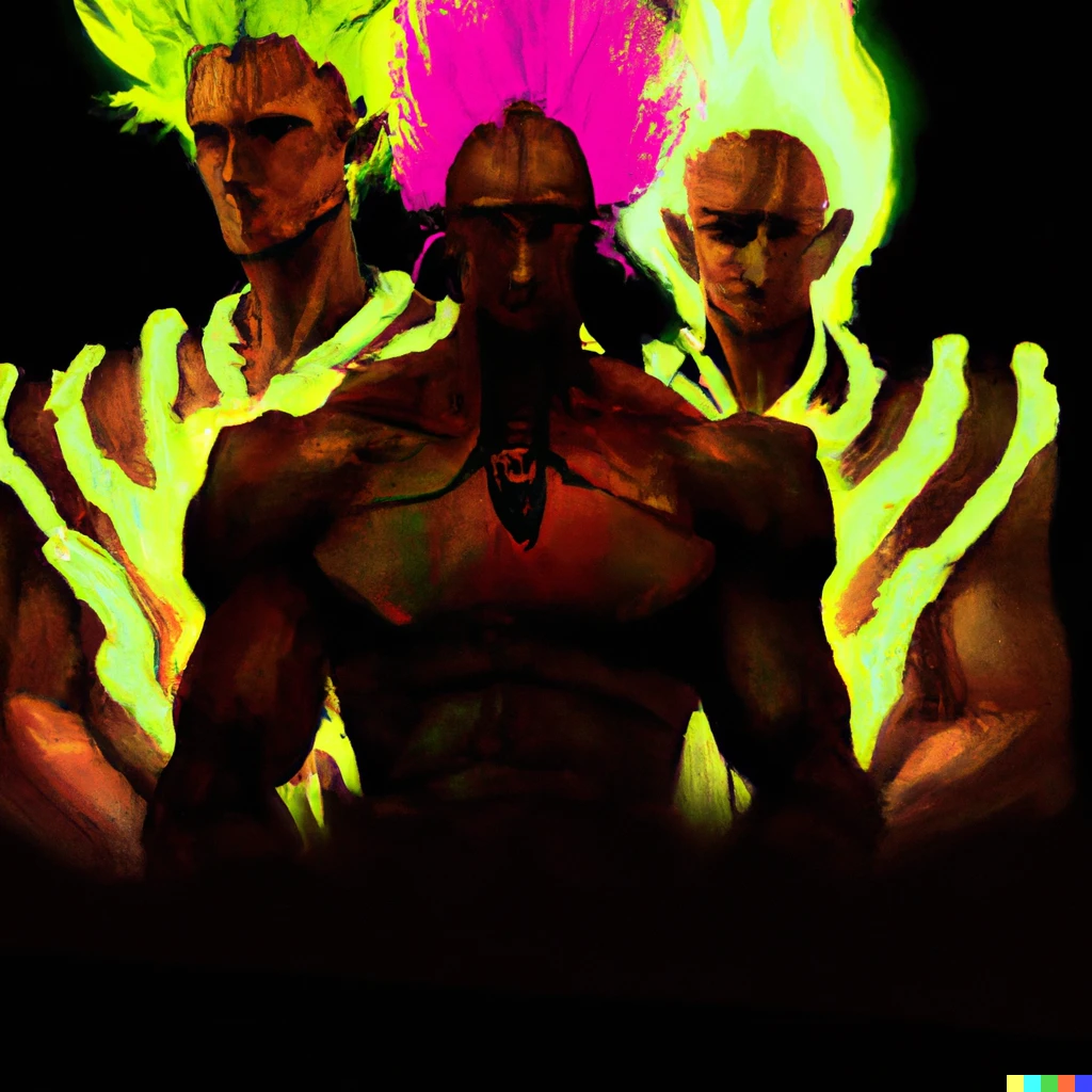 Prompt: Dramatically lit fantasy art featuring barbarians with glowing neon lights for hair.