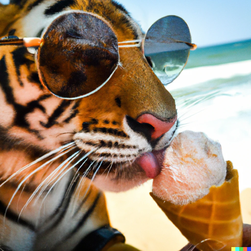 Prompt: tiger eating ice cream with sunglasses on the beach, nikon 35mm