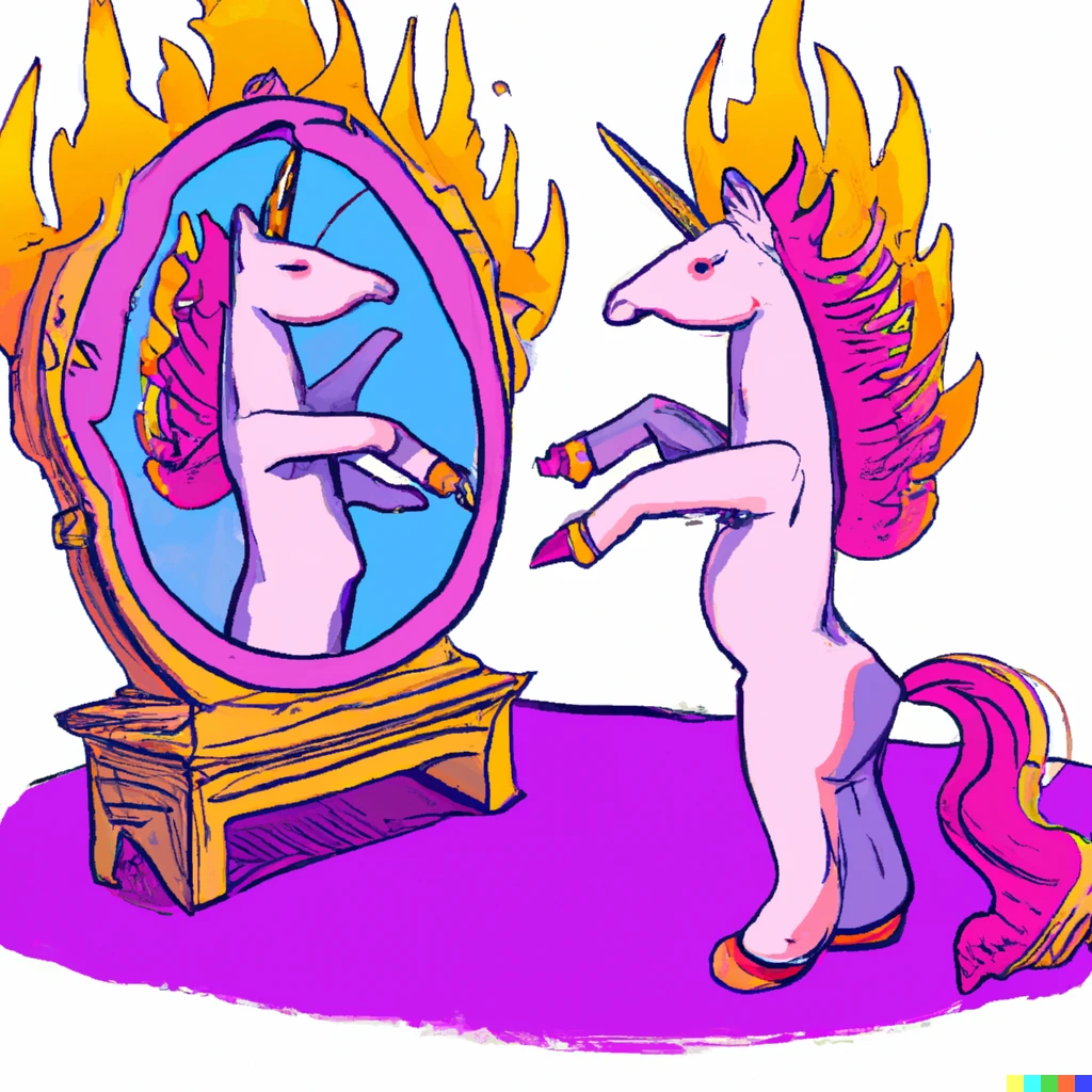 Prompt: A unicorn looking in the mirror and seeing himself on fire