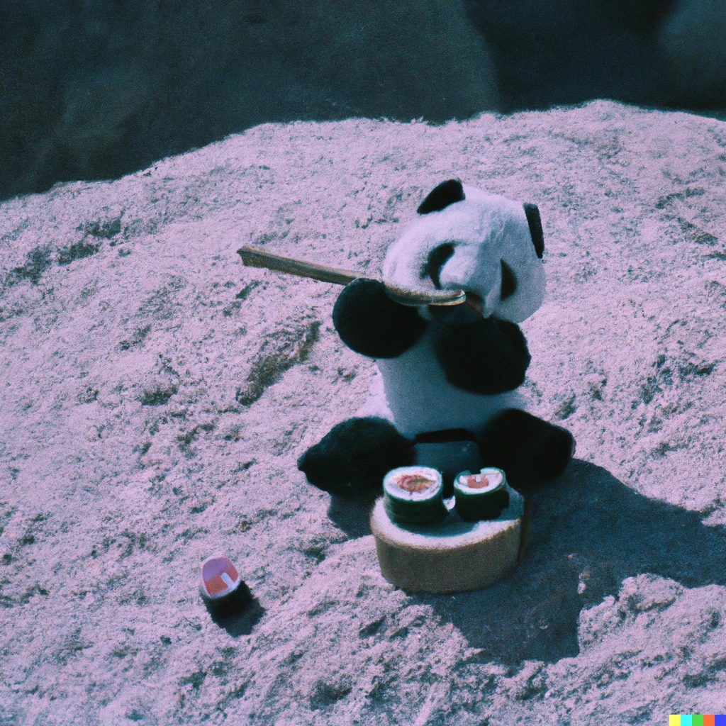Prompt: A panda bear rolling sushi in the desert, 35mm nikon