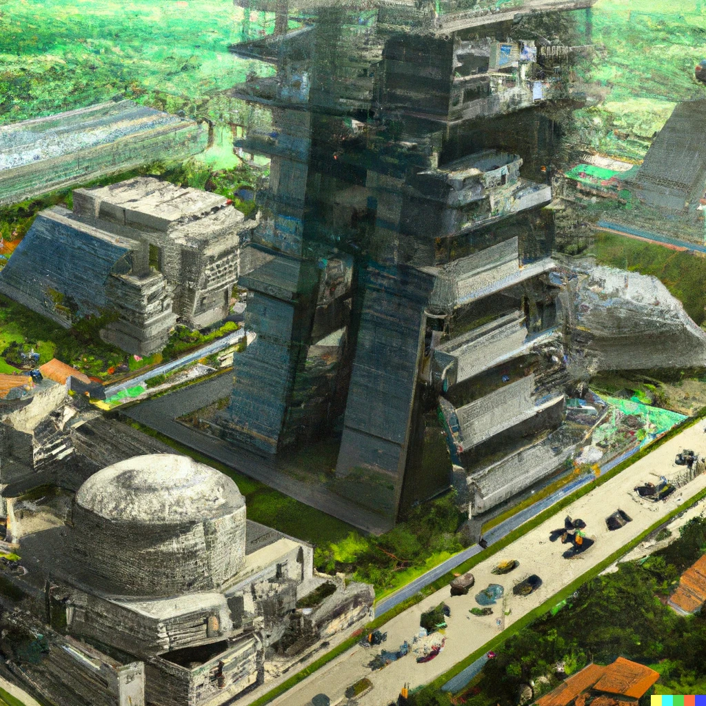 Prompt: areal photography as a 3d render of big buildings depicted as big mayan civilization, building made of glass and flying cars