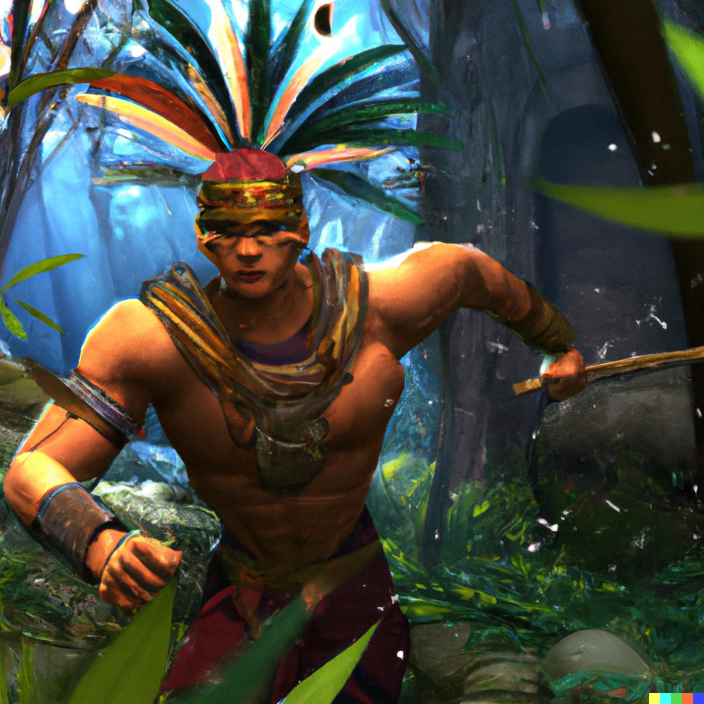Prompt: Mayan muscular warrior fighting in a jungle depicted as a marvel superhero with feathers in his head 3d render 