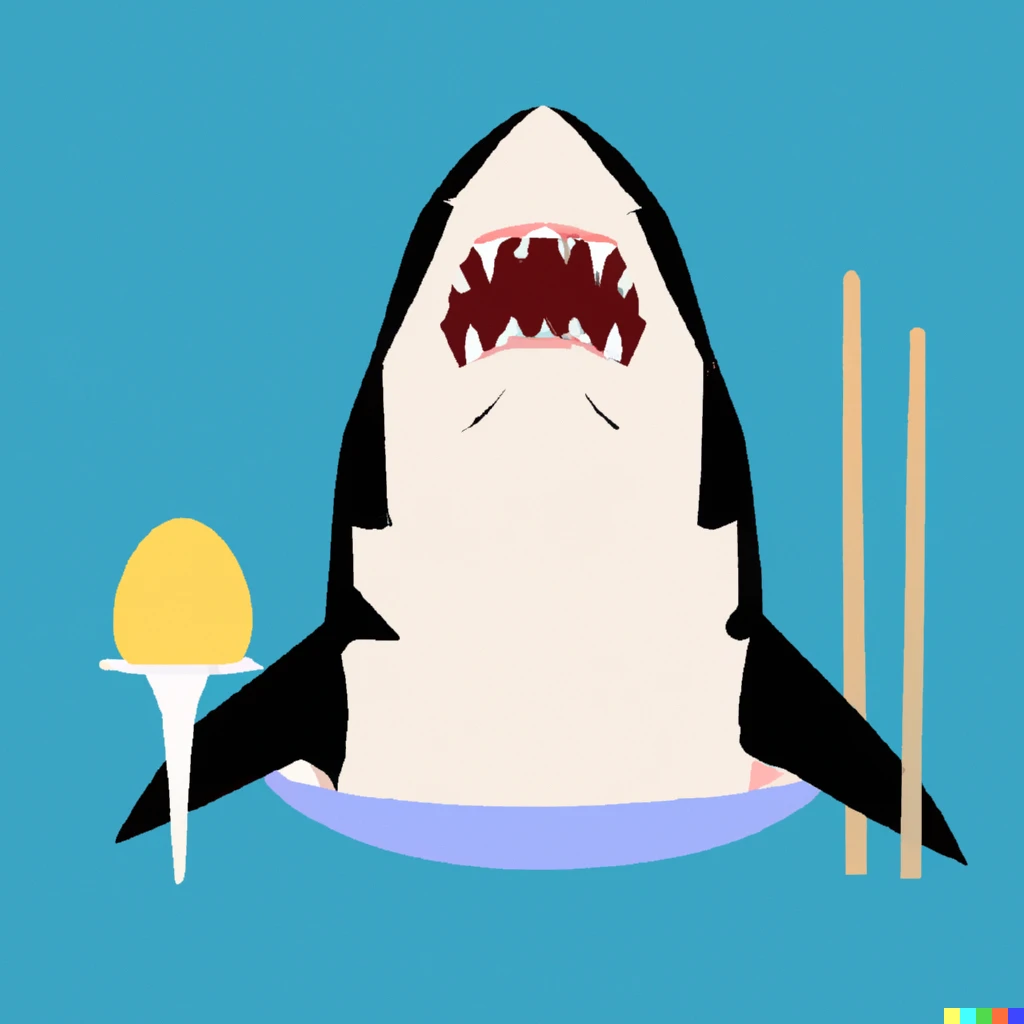 Prompt: A shark that wants to rule the world with chopsticks and eggs